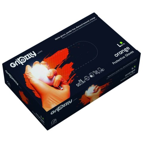 RĘKAWICE OCHRONNE, NITRYLOWE BEZPUDROWE POMARAŃCZOWE 50 SZT. - GRIPZZLY ROZM. XXL