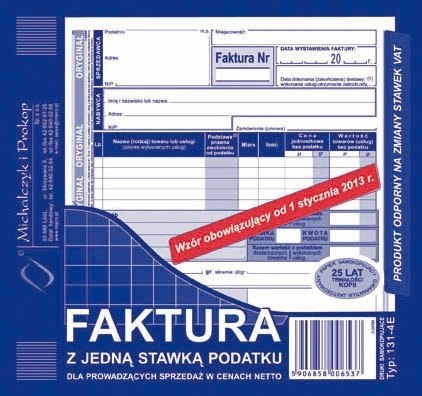 131-4E Faktura z jedną stawką podatku sprzedaż w netto 2/3A5 MICHALCZYK 131-4E Faktura z jedną stawką podatku sprzedaż w netto 2/3A5 MICHALCZYK