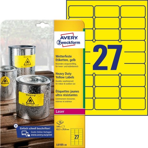 Etykiety foliowe 63,5 x 29,6 mm, żółte etykiety wodoodporne z trwałym klejem, etykiety poliestrowe 20 ark. / op., etykiety ostrz