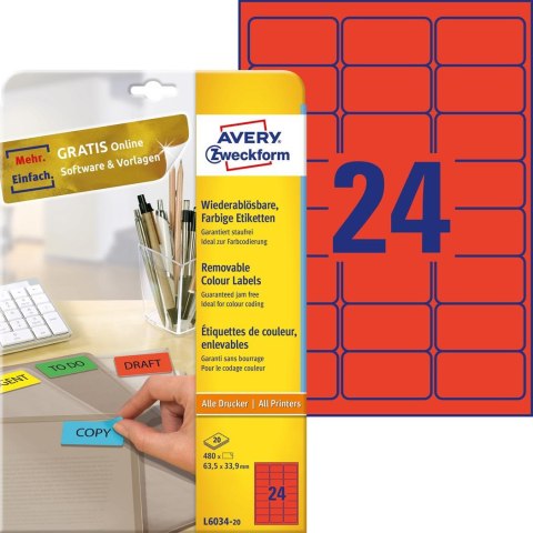 Etykiety czerwone L6034-20 63,5 x 33,9 20 ark. usuwalne Avery Zweckform Etykiety czerwone L6034-20 63,5 x 33,9 20 ark. usuwalne Avery Zweckform