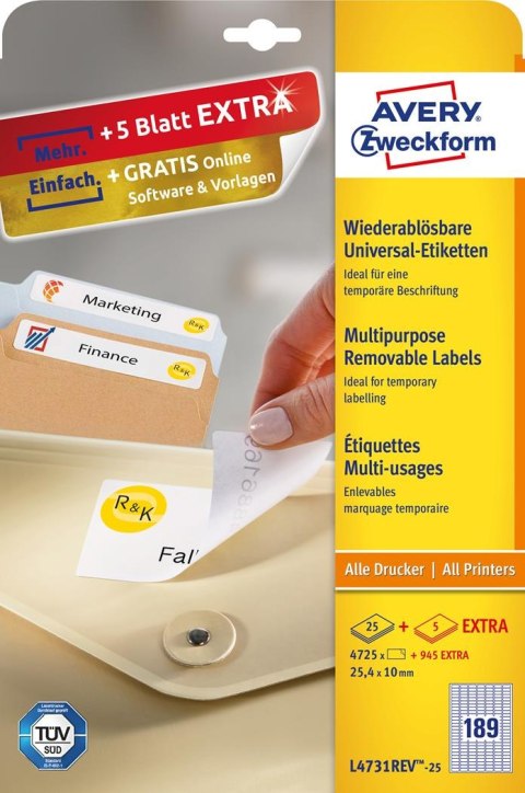 Etykiety uniwersalne L4731REV-25 25,4 x 10 30ark Usuwalne, Avery Zweckform Etykiety uniwersalne L4731REV-25 25,4 x 10 30ark Usuwalne, Avery Zweckform