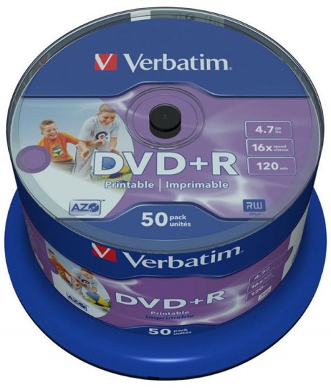 Płyta DVD+R VERBATIM 43512 16x 4,7GB (50) cake AZO Wide Inkjet Printable Płyta DVD+R VERBATIM 43512 16x 4,7GB (50) cake AZO Wide Inkjet Printable