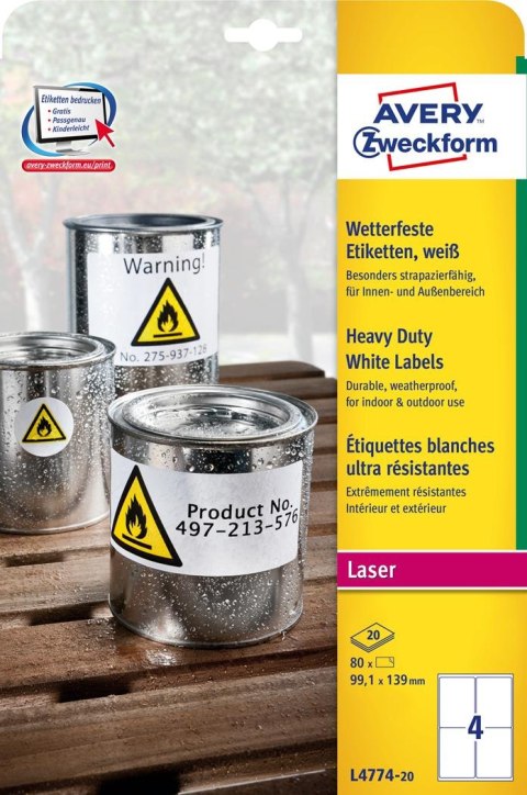 Etykiety Heavy Duty L4774-20 99,1 x 139 20 ark. poliestrowe, trwałe, białe, Avery Zweckform