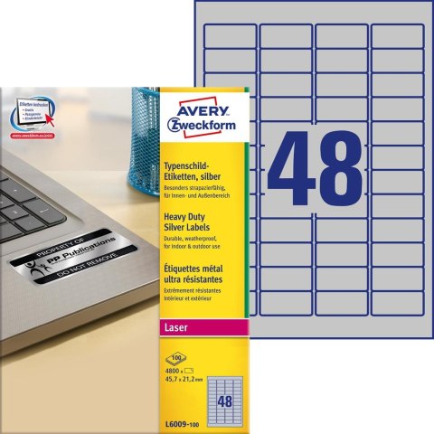 Etykiety znamionowe L6009-100 45,7x21,2 100 ark. srebrne, poliestrowe, Avery Zweckform Etykiety znamionowe L6009-100 45,7x21,2 100 ark. srebrne, poliestrowe, Avery Zweckform