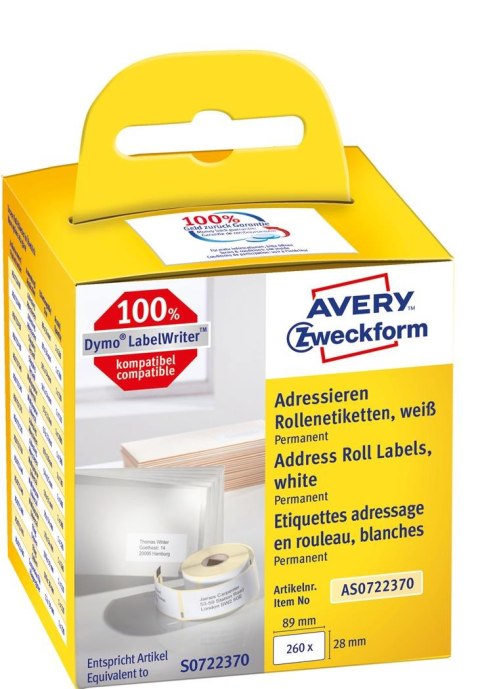 Etykiety adresowe AS0722370 28x89 260 et. x 2 w rolce do termodruku, trwałe, białe, Avery Zweckform Etykiety adresowe AS0722370 28x89 260 et. x 2 w rolce do termodruku, trwałe, białe, Avery Zweckform