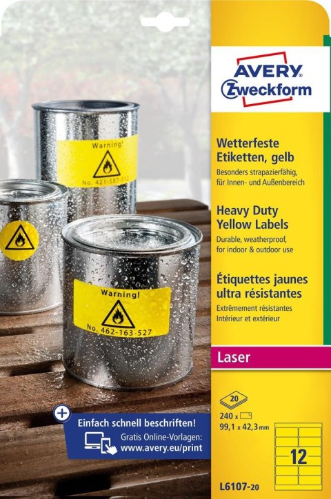 Etykiety Heavy Duty L6107-20 99,1 x 42,3 20 ark trwałe, żółte, poliestrowe, Avery Zweckform Etykiety Heavy Duty L6107-20 99,1 x 42,3 20 ark trwałe, żółte, poliestrowe, Avery Zweckform