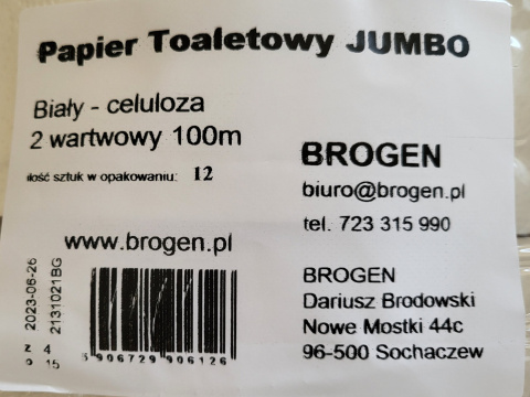 Papier toaletowy JUMBO biały celuloza 2 warstwowy 100M BROGEN (12 rolek w opakowaniu) Papier toaletowy JUMBO biały celuloza 2 warstwowy 100M BROGEN (12 rolek w opakowaniu)