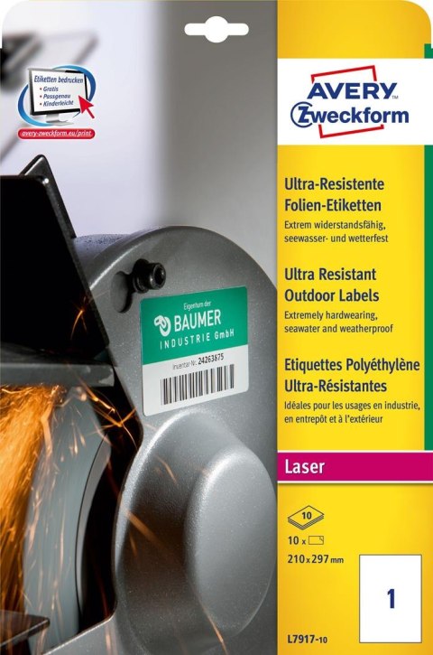 Etykiety Ultra Resistant L7917-10 210x297 10 ark polietylenowe, Avery Zweckform Etykiety Ultra Resistant L7917-10 210x297 10 ark polietylenowe, Avery Zweckform